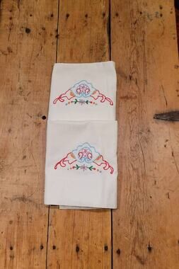 Vintage Hand Embroidered Pillowcases Set Pair White Folk Art Floral Cottagecore